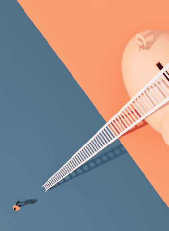 A person climbing a ladder to get to a piggy bank.